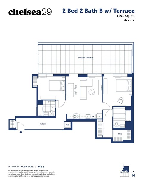 A floor plan for a 2 Bed 2 Bath B with Terrace.